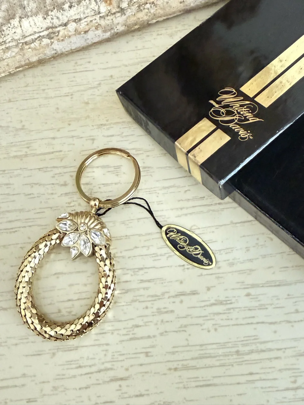 Vintage Whiting & Davis Gold Mesh Rhinestone  Key Ring / Keychain NWT